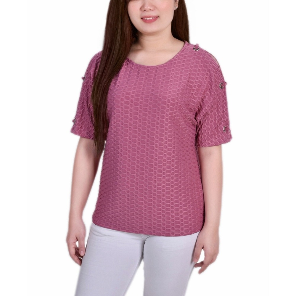 NY Collection Top Womens PM Mauve Honeycomb Textured Blouse‎ Short Sleeve Pastel